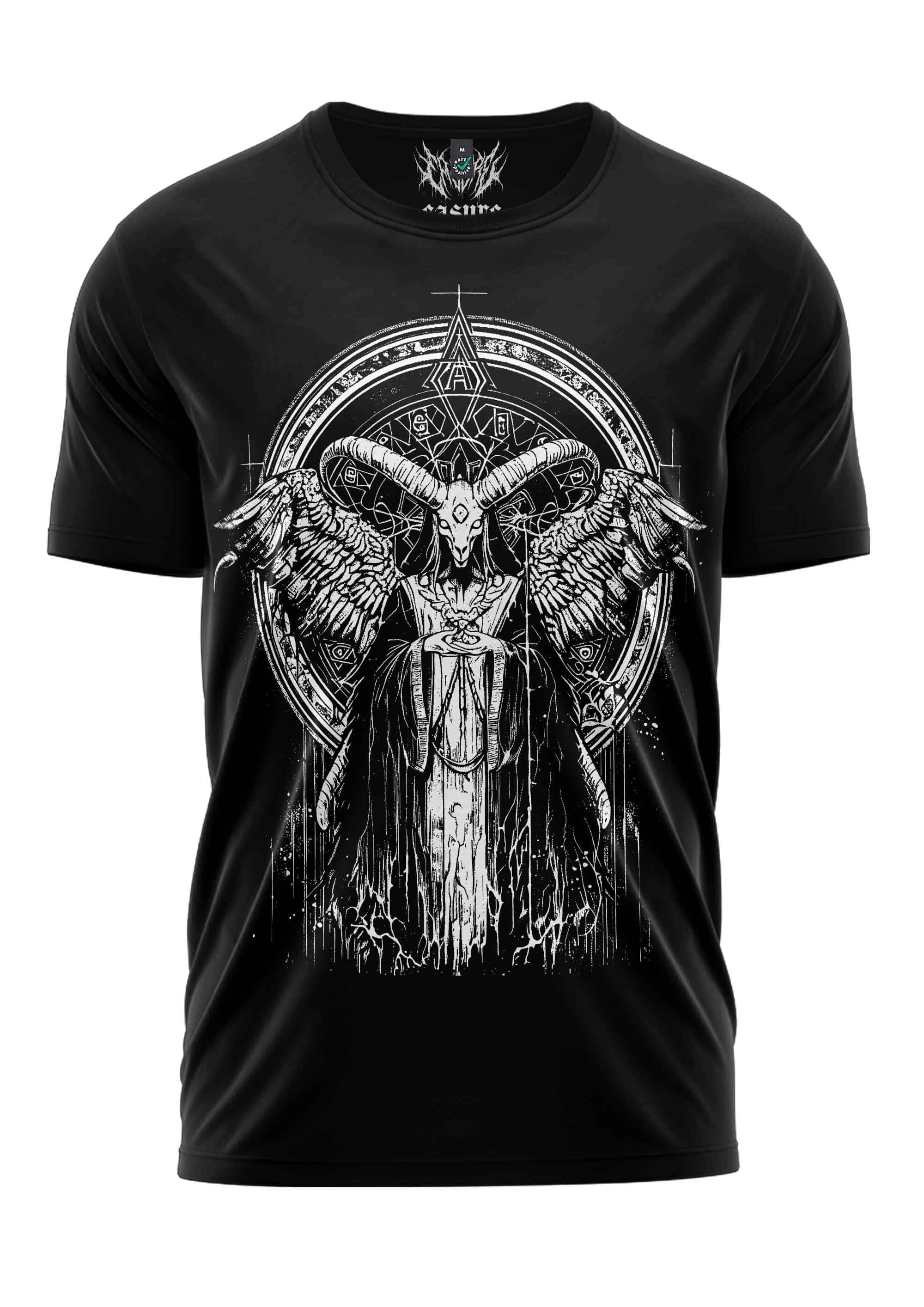 Schwarzes kurzarmshirt prophecy mit detailliertem weißen gothic horror engel-motiv und geometrischen mustern
